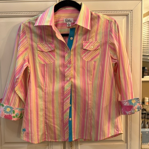 Sale LILY PULITZER WHITE LABEL PINK MULTI COLOR BUTTON DOWN LIKE NEW - Picture 2 of 14